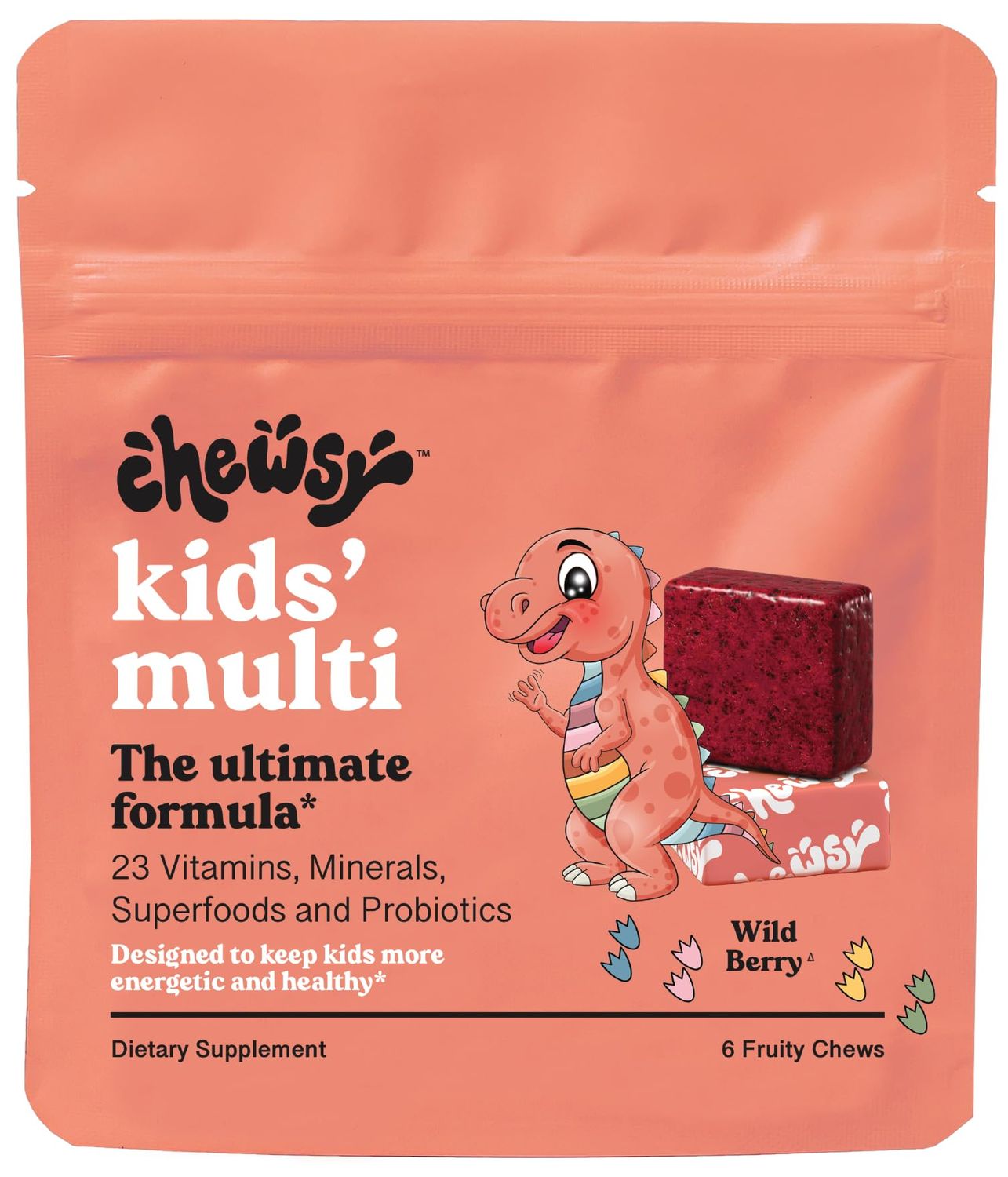 Chewsy Kids&#39; Multivitamin Probiotics Superfoods Chews, Immune Digestive Support, Vitamins A, C, D3, E, Zinc, Kids Chewable Supplement, Individually Wrapped Fruity Chews, 6-Day Supply (1)