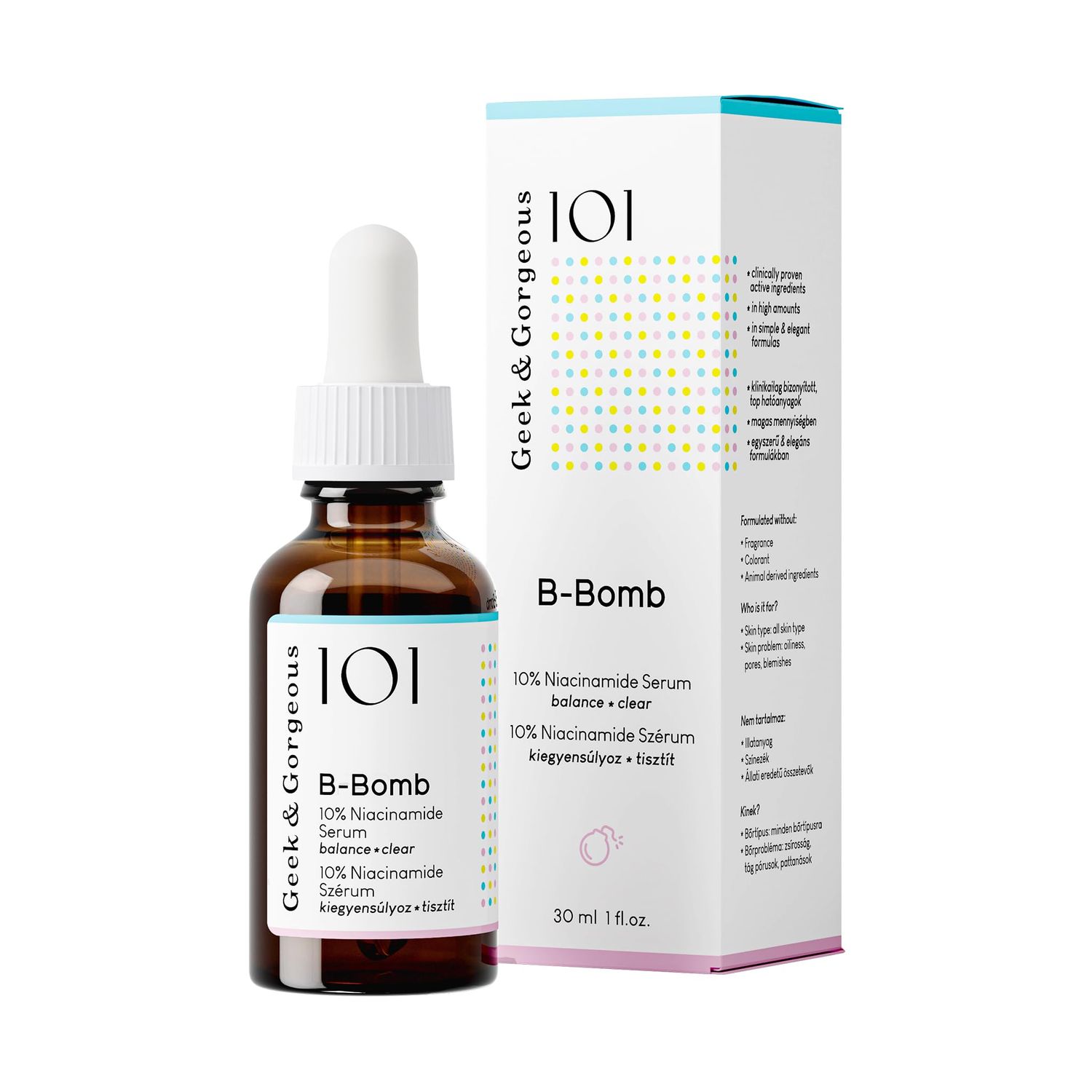Geek Gorgeous - B-Bomb - 10 Niacinamide Serum, Zinc PCA Sarcosine, helps enlarged pores, oiliness and blemishes, combination skin, 1 oz
