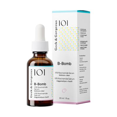 Geek Gorgeous - B-Bomb - 10 Niacinamide Serum, Zinc PCA Sarcosine, helps enlarged pores, oiliness and blemishes, combination skin, 1 oz