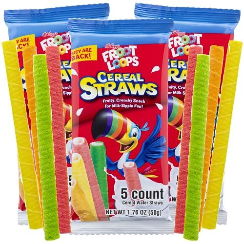 2025 Kellogg s Froot Loop Cereal Straws, Edible Breakfast Straw, Nostalgic Treat, Birthday Party Favors, 5 Count, (3 Pack)