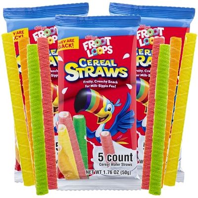 2025 Kellogg s Froot Loop Cereal Straws, Edible Breakfast Straw, Nostalgic Treat, Birthday Party Favors, 5 Count, (3 Pack)