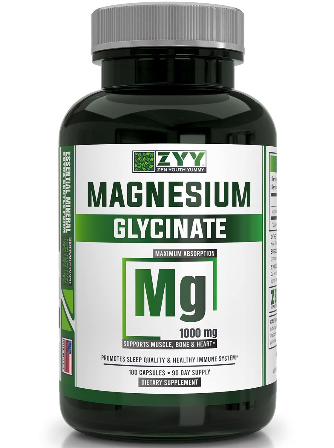 ZYY Pure Magnesium Glycinate Capsules 1000mg Maximum Strength, Chelated for High Absorption Magnesium Supplement for Sleep, Muscle, Brain, Bone and Heart Health, 3rd Party Tested, 180 Capsules