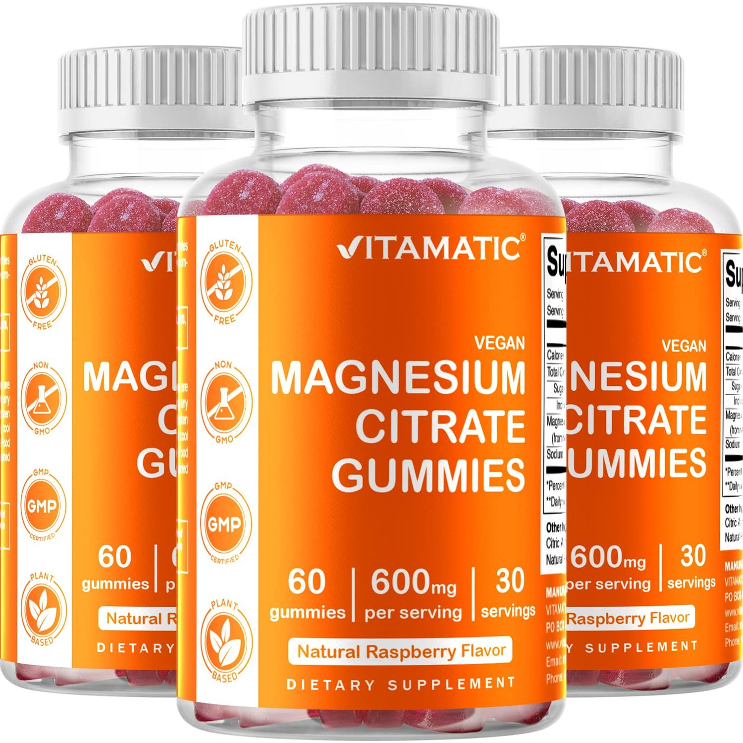 Vitamatic Magnesium Gummies 600mg per Serving - 60 Vegan Gummies - Relaxation, Muscle, Bone Energy Support - 3 Pack