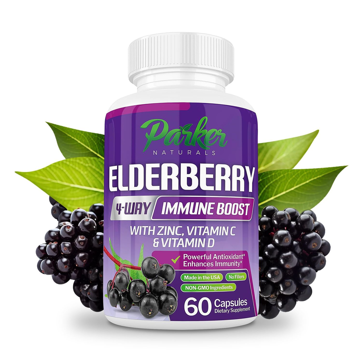 Parker Naturals Organic Elderberry Capsules, 4-Way Immune Boost, Vitamins C, D, and Zinc Support, 1260.1 mg Elderberry Supplements for Adults, 60 Capsules