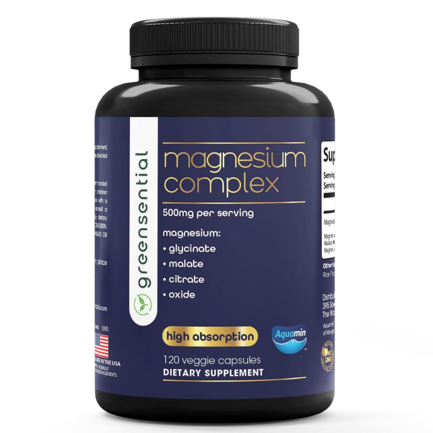Greensential Magnesium Complex with Aquamin 2-Month Supply 500mg of Magnesium Glycinate, Citrate, Malate, Oxide More to Support Stress Relief, Sleep, Muscles Heart High Absorption 120 ct
