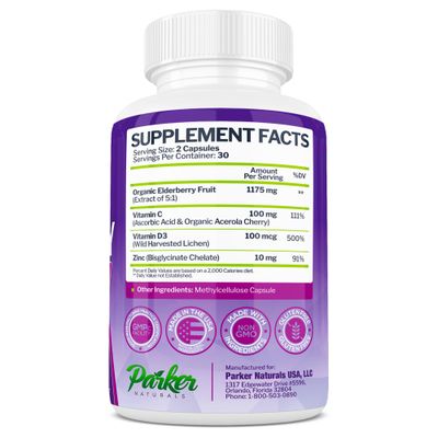 Parker Naturals Organic Elderberry Capsules, 4-Way Immune Boost, Vitamins C, D, and Zinc Support, 1260.1 mg Elderberry Supplements for Adults, 60 Capsules