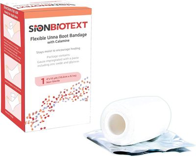 Sion Biotext Flexible Unna Boot Fabric Bandages with Zinc and Calamine, First Aid Kit Emergency Supplies, Ankle Brace Compression Bandage Wrap, Wound Care Supplies, 4 Inches X 30 Feet