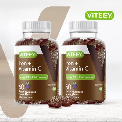 Iron Gummies 20mg Vitamin C 26mg for Iron Deficiency and Anemia, Supports Energy, Blood Cell Formulation, Blood Builder, Vegan Supplements, Gluten Gelatin and GMO Free, Chewable Grape Gummy Chews