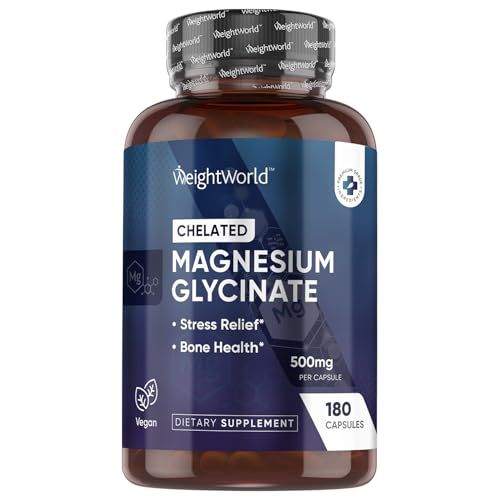 WeightWorld Chelated Magnesium Glycinate Capsules 500mg - 180 Capsules (6 Months Supply) - Magnesium Supplement High Absorption - Vegan Gluten-Free Magnesium Pills