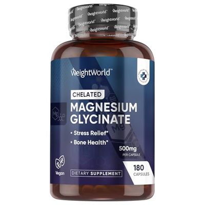 WeightWorld Chelated Magnesium Glycinate Capsules 500mg - 180 Capsules (6 Months Supply) - Magnesium Supplement High Absorption - Vegan Gluten-Free Magnesium Pills
