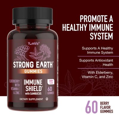 YUM-V'S Strong Earth by YumV's Immune Shield with Sambucus Elderberry Gummies for Adults - Black Elderberry with Vitamin C and Zinc - Berry Flavored Immune Support Gummies (60 Count (Pack of 1))