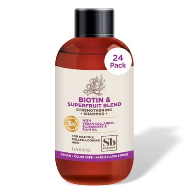 Soapbox Biotin Shampoo, Travel Size Biotin Collagen Super Fruit, Bulk 24 Pack Travel Toiletries, Volumizing Repairing Shampoo to Promote Hair Growth, Strength, 24-Pack, 3.3 oz Each