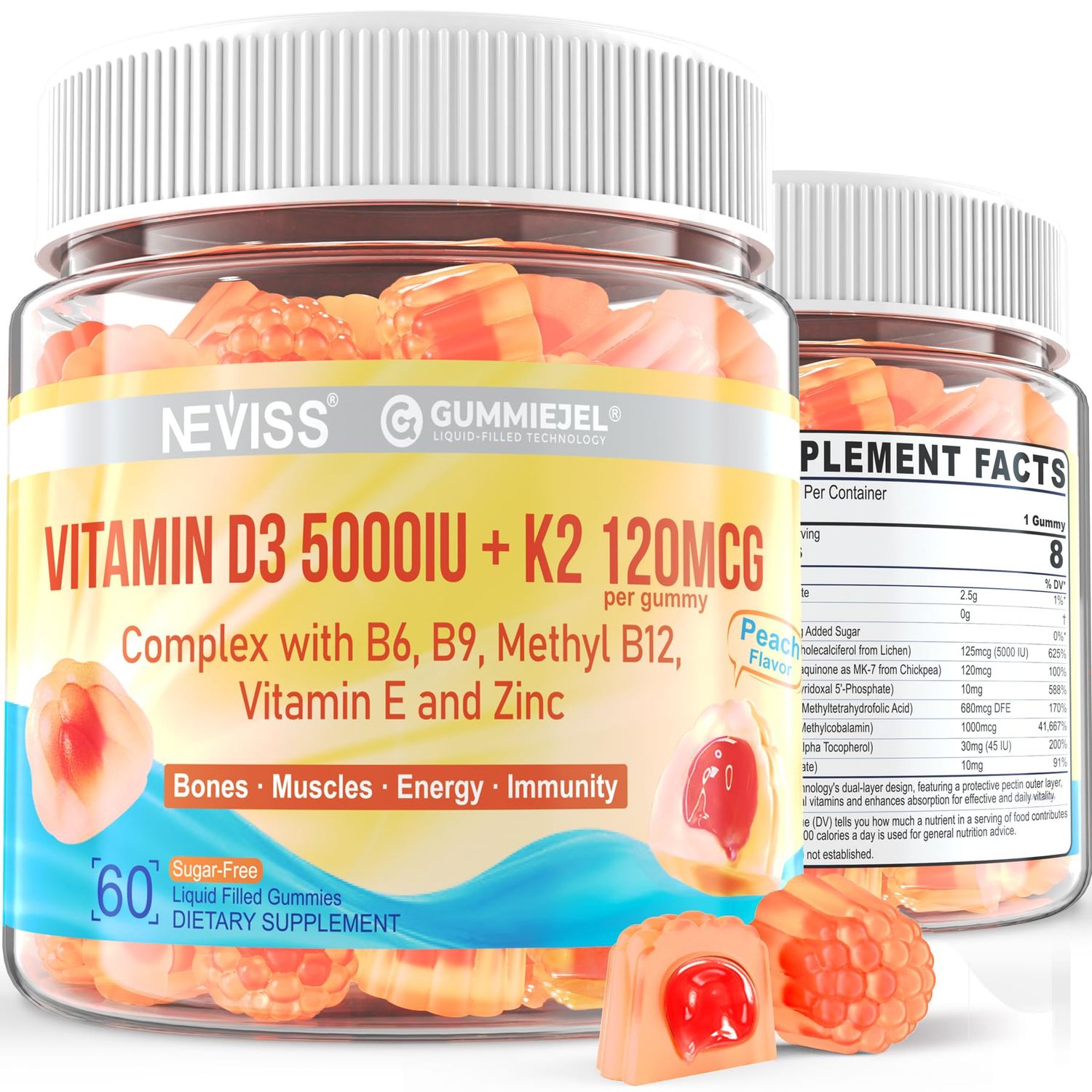 Vitamin D3 5000IU K2 (MK-7) 120mcg, Sugar-Free Vitamin D3 K2 Filled Gummies with Vitamin B Complex - Methyl B12, B9, B6 Vitamin E Zinc, MCT Oil - Supports Bone Teeth Strength, Immune, 1PACK