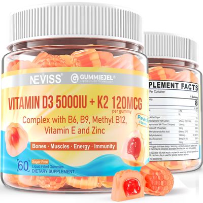 Vitamin D3 5000IU K2 (MK-7) 120mcg, Sugar-Free Vitamin D3 K2 Filled Gummies with Vitamin B Complex - Methyl B12, B9, B6 Vitamin E Zinc, MCT Oil - Supports Bone Teeth Strength, Immune, 1PACK
