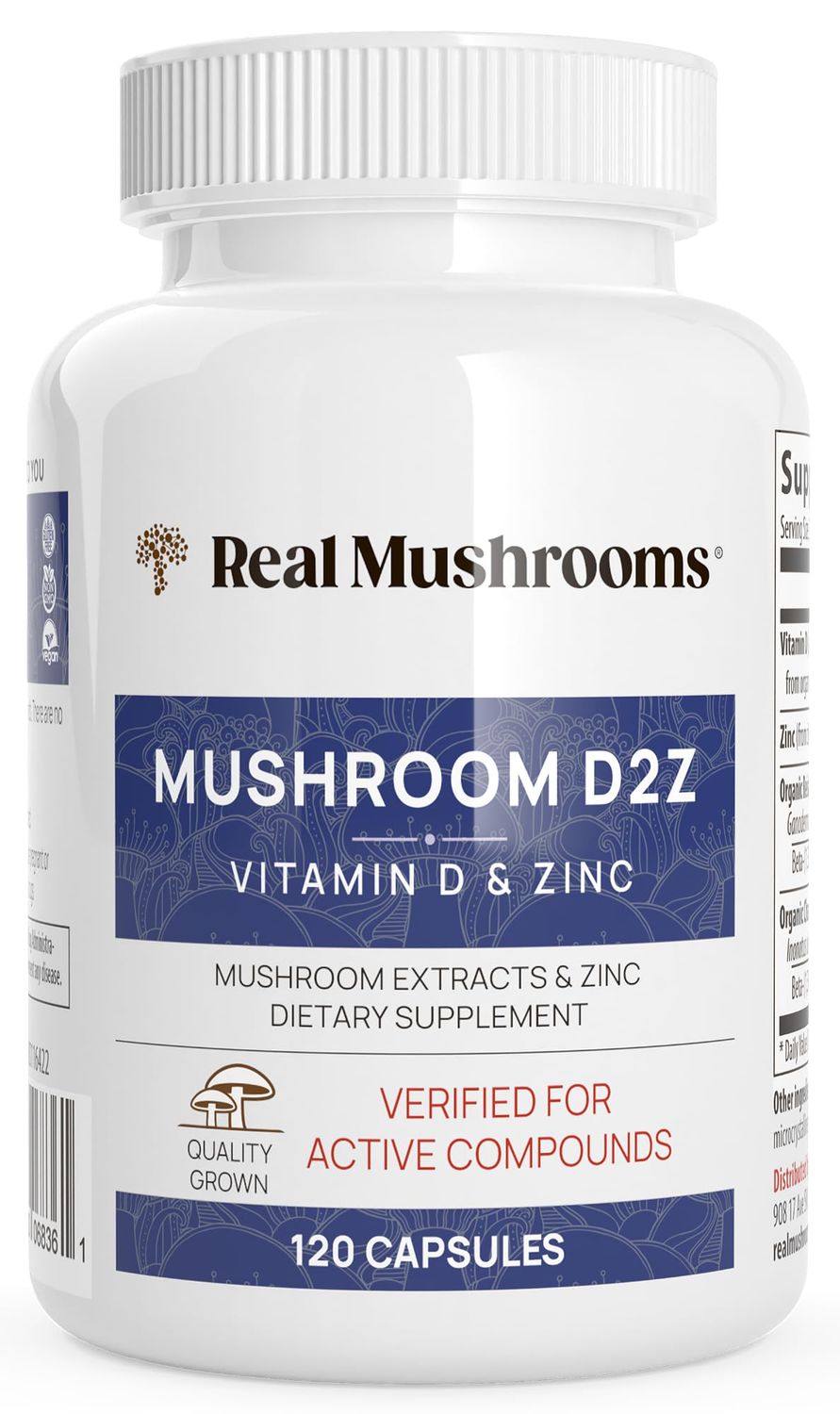 Real Mushrooms Zinc Supplements for Adults 120ct Vitamin D2 Immune Support with Chaga Reishi - Vegan, Gluten-Free, Non-GMO Vitamins Mushroom Capsules