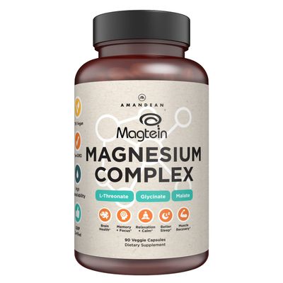 AMANDEAN Magtein Magnesium Complex. L-Threonate, Glycinate, Malate Triple Blend Chelated Magnesium Supplement. 90 Veggie Capsules. High Absorption Branded Ingredients. Brain Health, Sleep, Calm.
