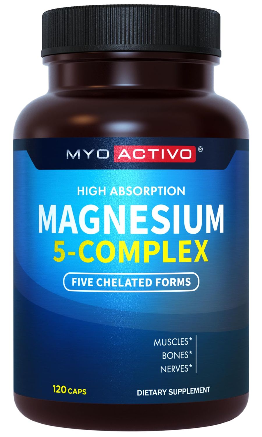 MyoActivo 5-in-1 Magnesium Complex - High Absorption - Chelated Magnesium Glycinate, Malate, Citrate, Taurate, Aspartate for Nerves, Muscles, Bones 120 Capsules Magnesium Supplement