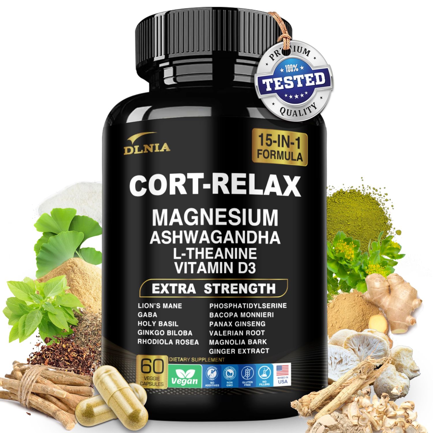 DLNIA Super Calm Cortisol Supplement with Magnesium Glycinate, Ashwagandha, L-Theanine, Phosphatidylserine, Ginkgo Biloba Lions Mane for Calm, Focus, Mental Clarity, Relaxation, Sleep, Energy