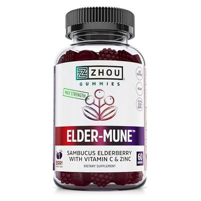 Zhou Elder-Mune Elderberry Gummies - Elderberry Vitamin C and Zinc, Daily Immune Support Supplemenet for Women Men, Chewable Natural Black Elderberry for Adults Children 4 Up - 60 Gummies