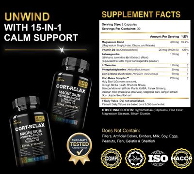 DLNIA Super Calm Cortisol Supplement with Magnesium Glycinate, Ashwagandha, L-Theanine, Phosphatidylserine, Ginkgo Biloba Lions Mane for Calm, Focus, Mental Clarity, Relaxation, Sleep, Energy