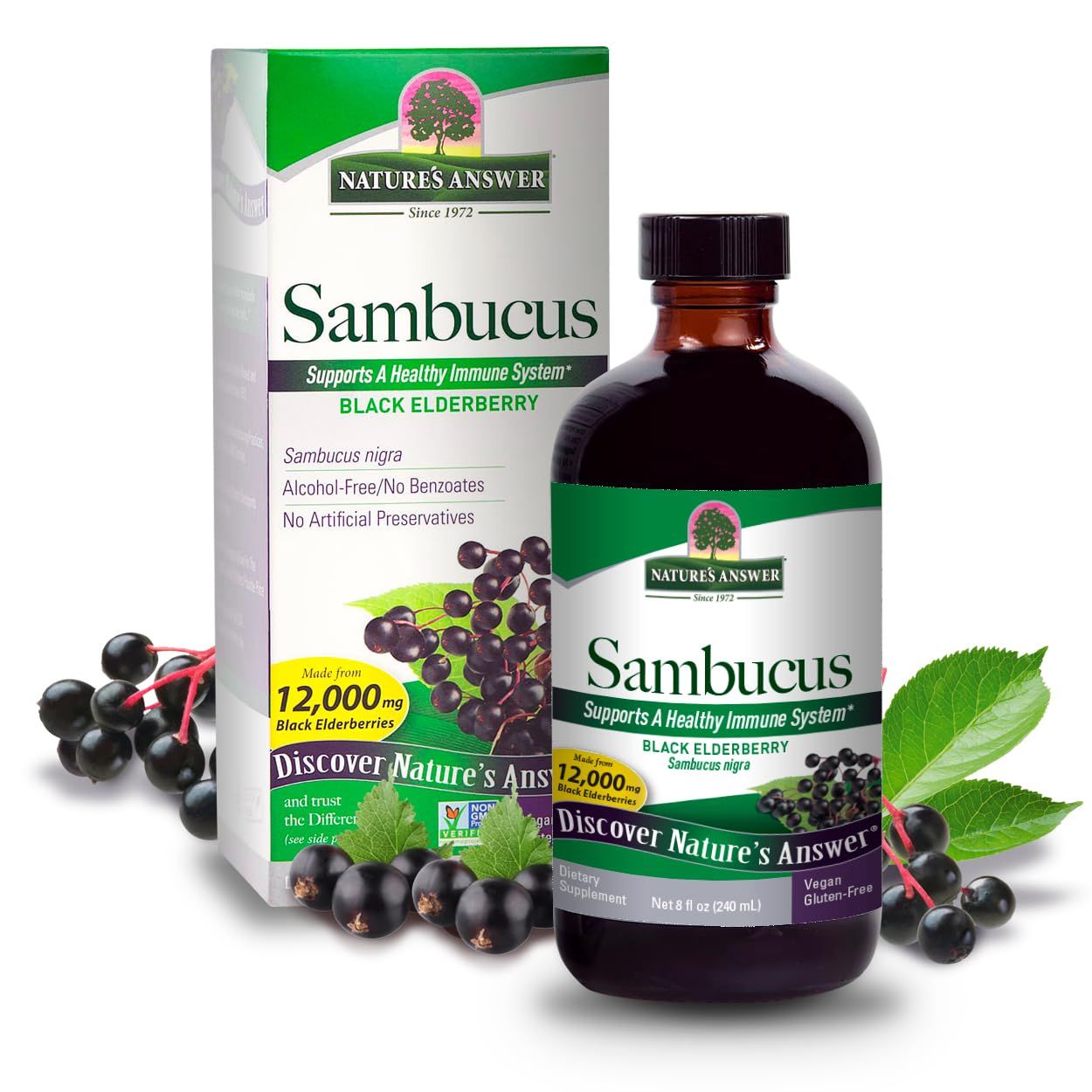 Nature&#39;s Answer Alcohol-Free Sambucus Dietary Supplement 8oz Liquid Immune Support Antioxidant Boost Gluten-Free, Vegan, Non-GMO Single Count