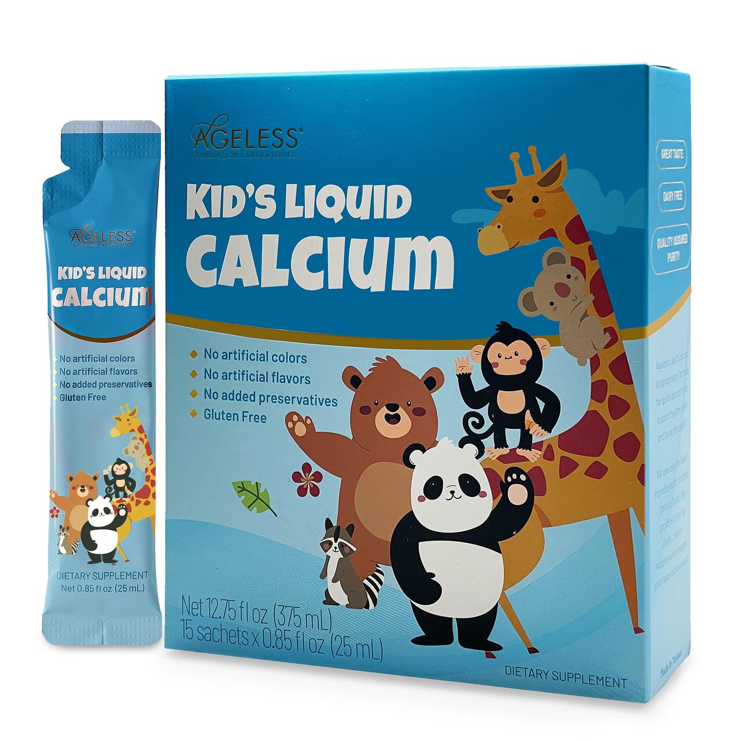 Ageless Liquid Calcium for Kids with Sea Bass Extract, Vitamin D, Zinc, and Magnesium - High Absorption Bone Strength Supplements, Natural Flavor, Gluten-Free - 25 ml (15 Count)