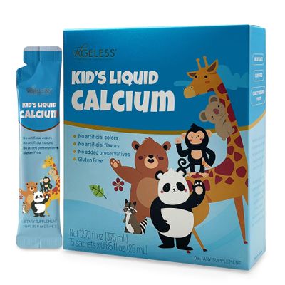Ageless Liquid Calcium for Kids with Sea Bass Extract, Vitamin D, Zinc, and Magnesium - High Absorption Bone Strength Supplements, Natural Flavor, Gluten-Free - 25 ml (15 Count)