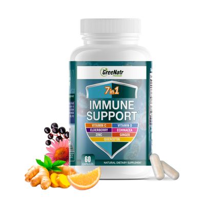 GreeNatr 7 in 1 Immune Support Supplement with Vitamin C, D3, Zinc 50mg, Quercetin, Echinacea Purpurea, Sambucus Elderberry and Ginger for Complete Immune Defense - 60 Capsules (1 Bottle)