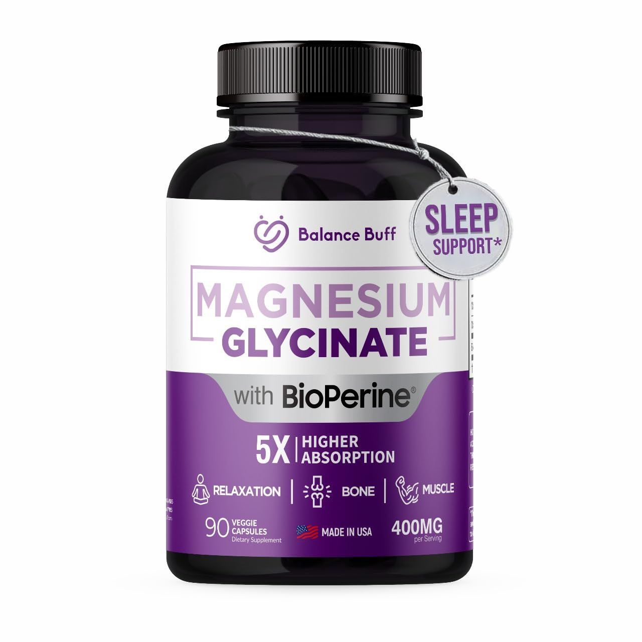Magnesium Glycinate 400mg with Bioperine - 5X Higher Absorption - Support Stress Relief, Sleep, Bone Health - 100 Chelated - Pure Magnesium Supplement - 90 Veggie Capsules