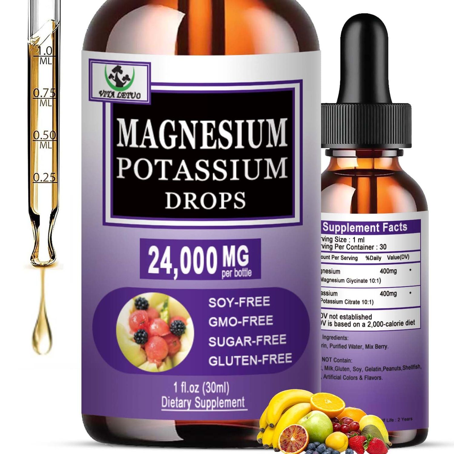 Magnesium Glycinate with Potassium Supplement,Liquid Magnesium Glycinate 500mg Potassium Citrate 500mg, Magnesium Liquid Drops for Vascular, Bone, Heart, Muscle Nerve Health,Non-GMO,Vegan