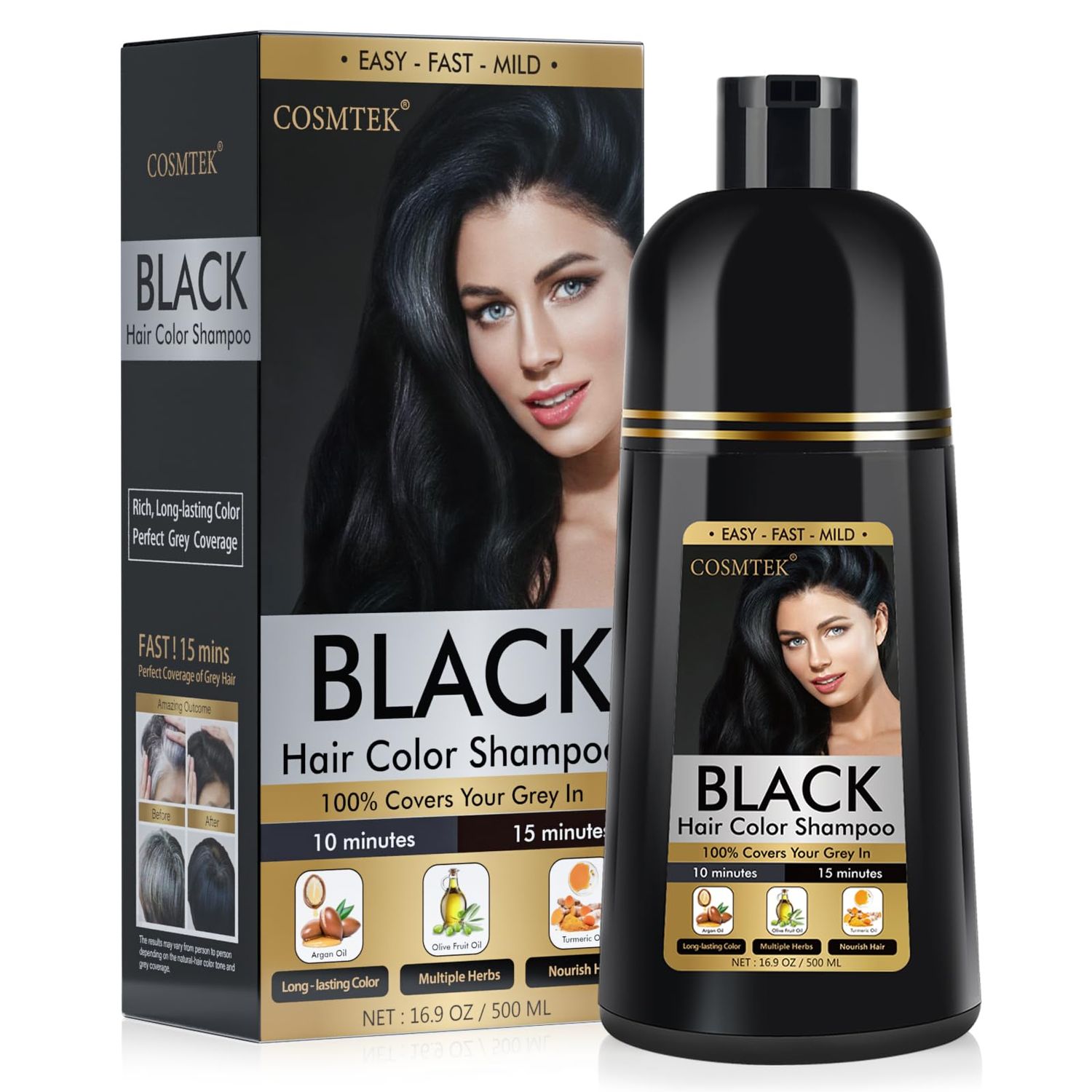 BOJICA COSMTEK Black Hair Dye Shampoo 3 in 1 for Gray Hair, Hair Color shampoo for Women, Natural Shampoo Hair Dye-100 Grey Hair CoverageHerbal Ingredients-17.6 OZ