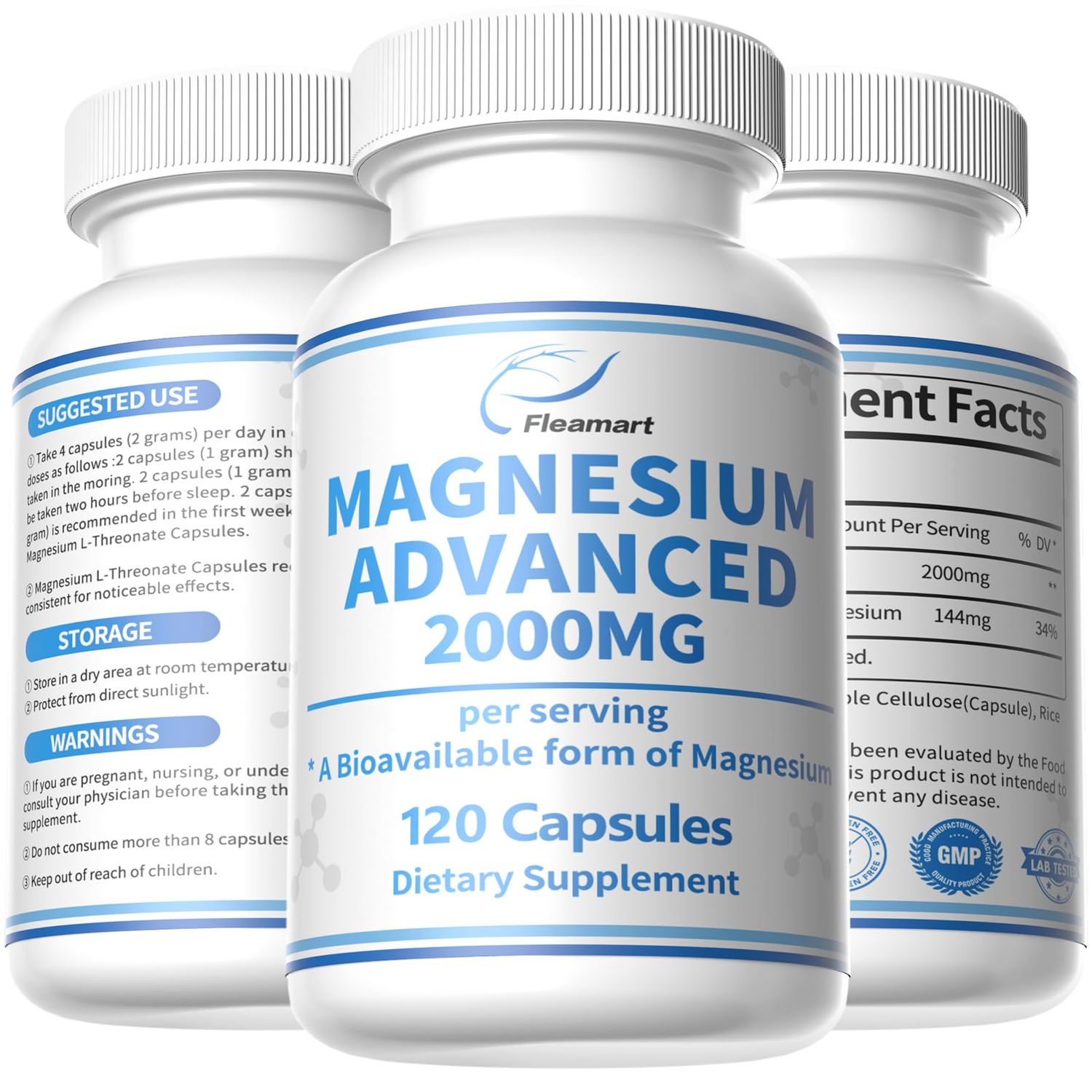 Magnesium L-Threonate Capsules for Brain Sleep and Memory Attention Magnesium L-Threonate 2000mg Complex High Absorption Supplement 120 Capsules, 30 Day Supply