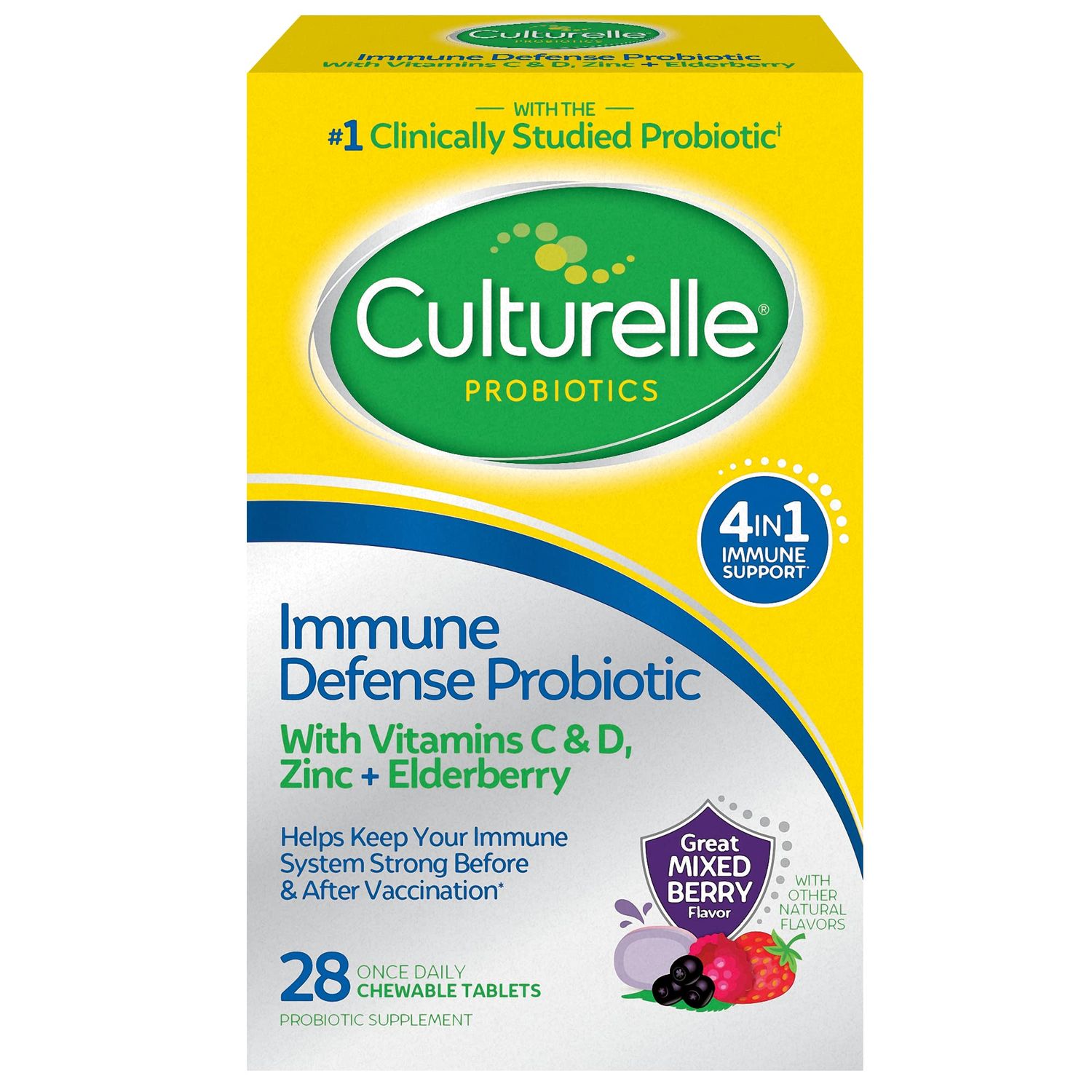 Culturelle Immune Defense Daily Probiotic for Women Men - 28 Count, Mixed Berry Chewables with 4-in-1 Immune Support. Probiotic Vitamin C, Vitamin D, and Zinc Plus Elderberry
