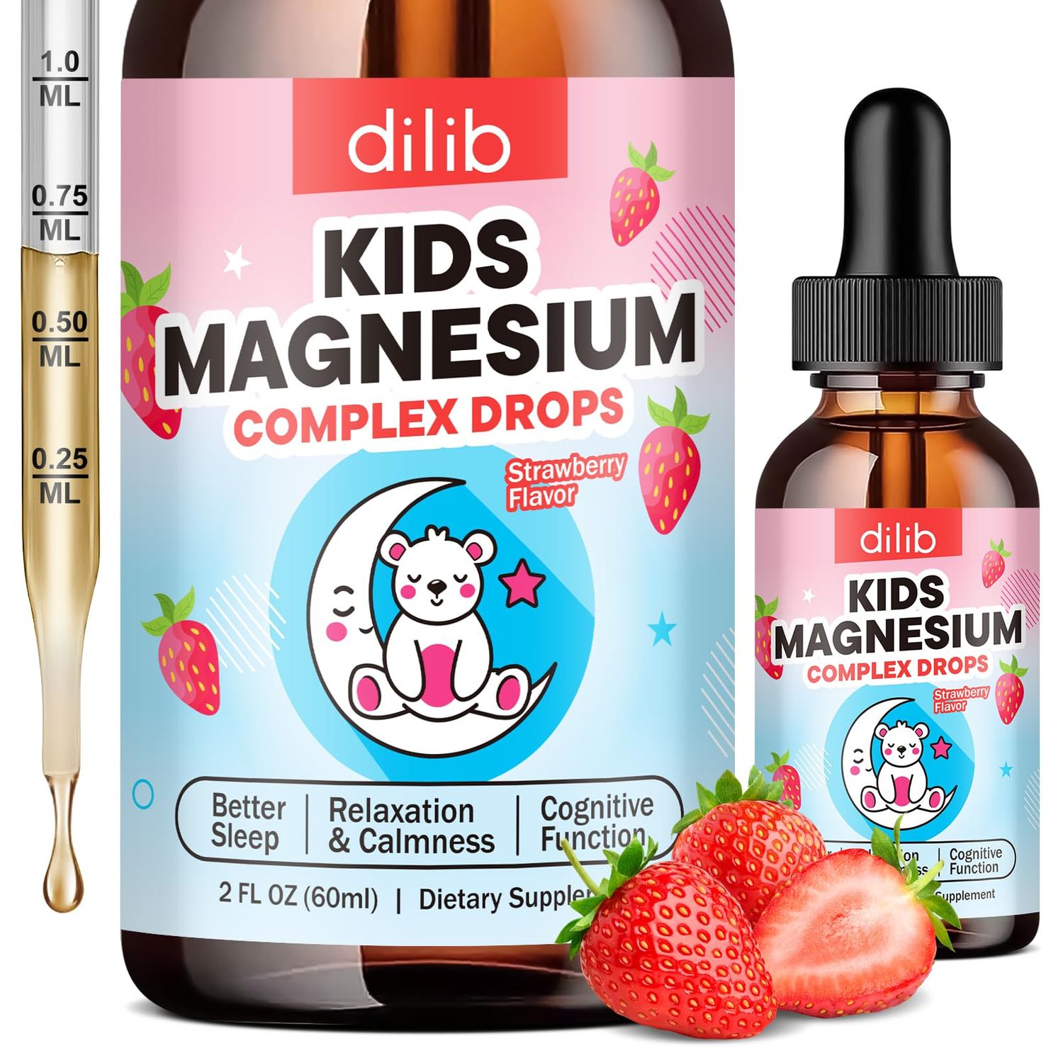 Kids Magnesium Liquid Drops - Liquid Magnesium Glycinate for Kids, Citrate Supplement with L-theanine, Omega-3, Vitamin B12, D3 for Sleep, Calm, Relaxation, Brain, Bones, Strawberry 2 Fl Oz