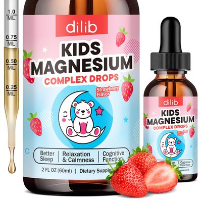 Kids Magnesium Liquid Drops - Liquid Magnesium Glycinate for Kids, Citrate Supplement with L-theanine, Omega-3, Vitamin B12, D3 for Sleep, Calm, Relaxation, Brain, Bones, Strawberry 2 Fl Oz