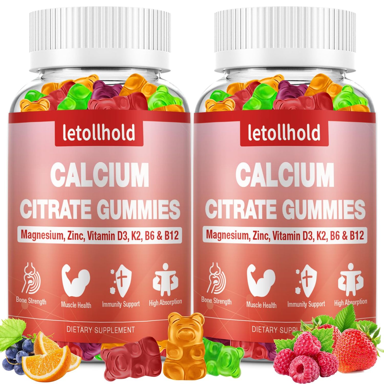 Calcium Citrate Gummies - 1200mg Calcium Gummies with Magnesium Zinc Vitamin D3,K2, B6, B12 for Bone, Muscle, Joints, Immune Support, High Absorption Calcium Supplements for Women Men 2 Packs