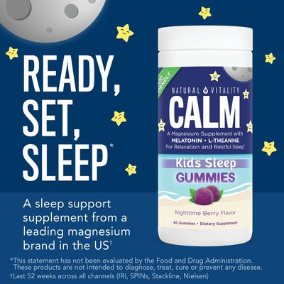 Natural Vitality Calm, Magnesium Citrate Kids Supplement, Stress Relief Gummies, Supports a Healthy Response to Stress, Gluten Free, Vegan, Nighttime Berry, 120 Gummies