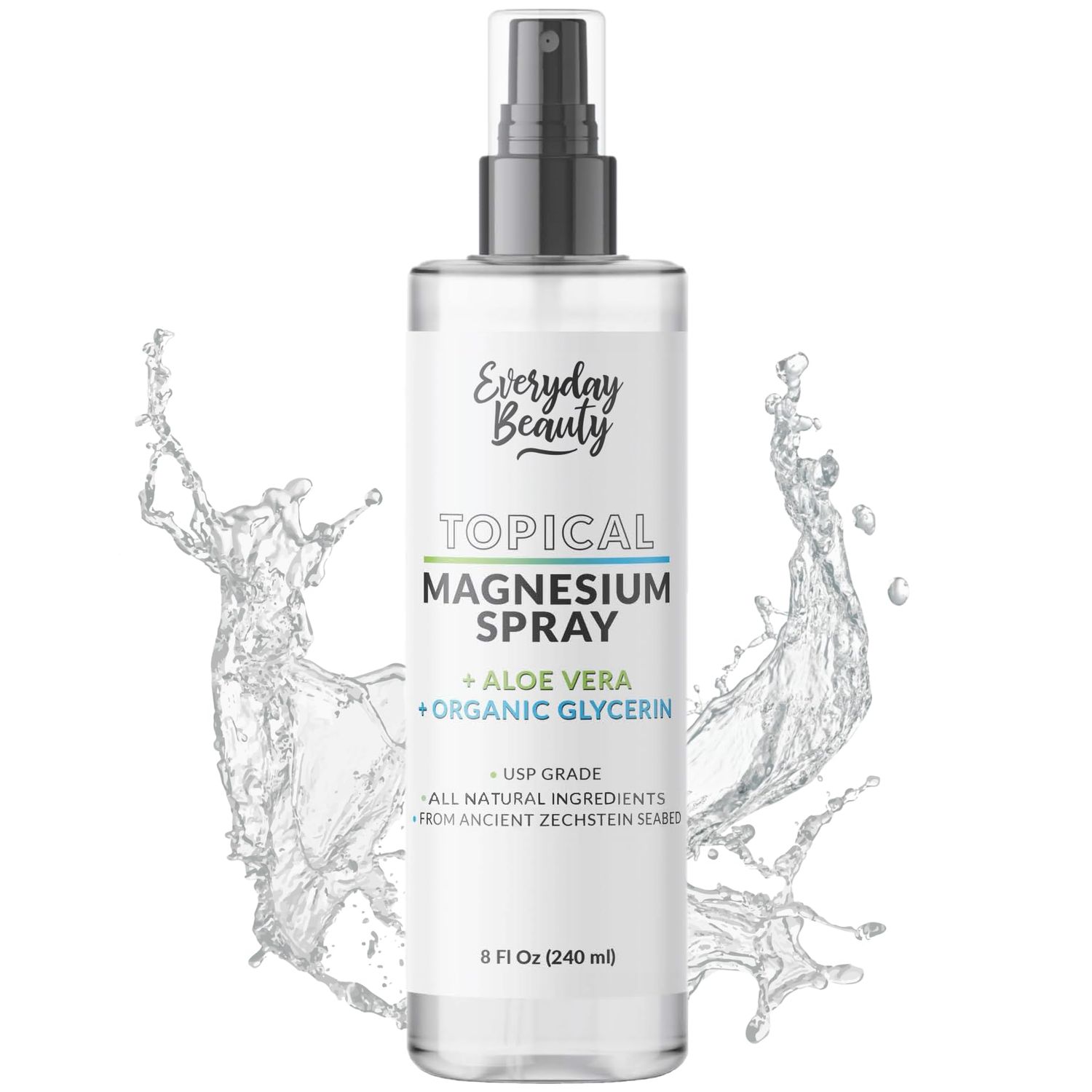 Topical Magnesium Spray with Aloe Organic Glycerin - All Natural - USP Grade Magnesium - Large 8 Fl Oz Bottle with Mist Cap - Made in USA