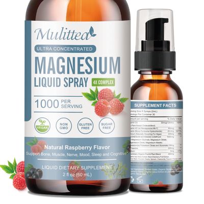 Magnesium Glycinate Liquid with Citrate, Taurate, Malate-Magnesium Complex Drops Spray wPotassium L-Theanine-High Absorption -Vegan, Sugar Free, 2 Fl.oz