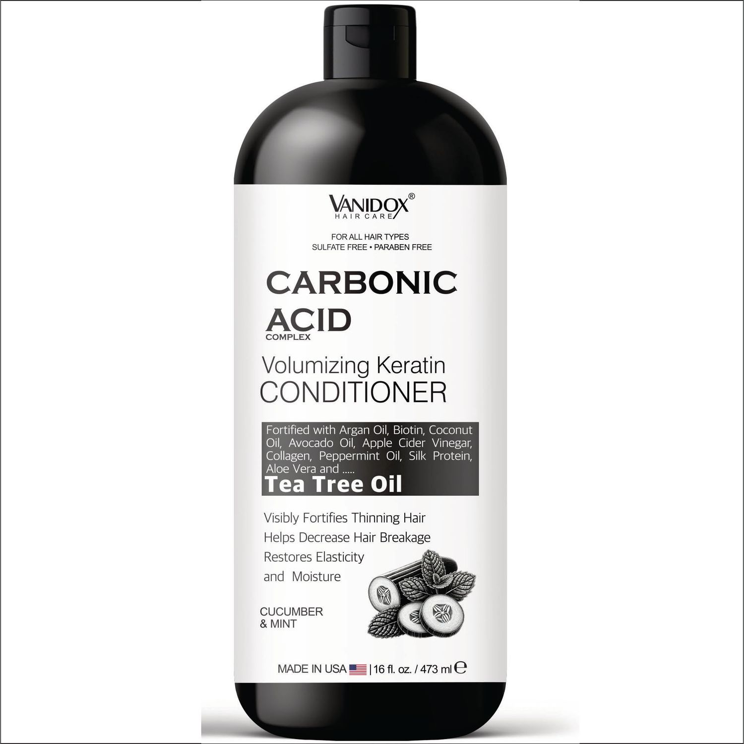 VANIDOX Carbonic Acid Conditioner for Men and Women, Sulfate-Free, Hair Growth Conditioner, Hydrating Conditioner with DHT Blocker, Scalp Cleansing Formula, Cucumber and Mint Scent - 16 fl oz