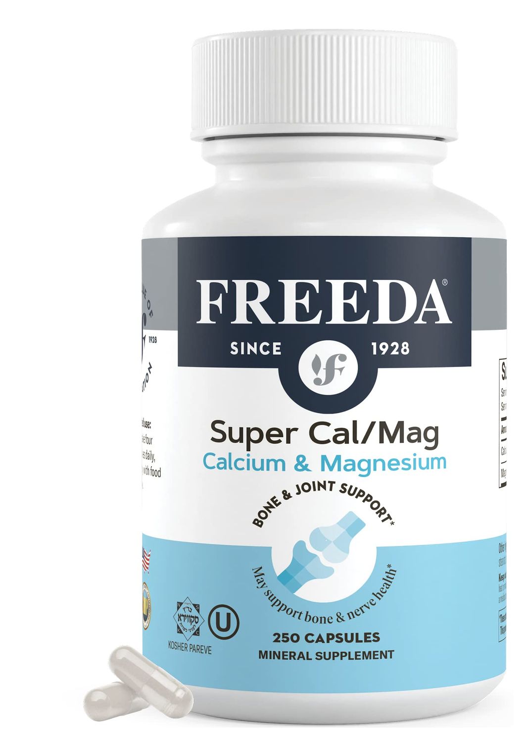 Freeda Super CalMag - Kosher Vegan Bone Health Supplement - Supports Bone Strength, Nerve Function Muscle Relaxation - Vegetarian Calcium Magnesium Capsules - Third-Party Tested - 250 Capsules