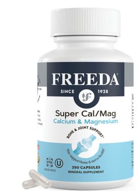 Freeda Super CalMag - Kosher Vegan Bone Health Supplement - Supports Bone Strength, Nerve Function Muscle Relaxation - Vegetarian Calcium Magnesium Capsules - Third-Party Tested - 250 Capsules