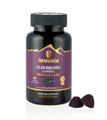 Immunia Elderberry Gummies. for Optimal Immune Support. Highly Concentrated of Elderberry (4,500 mg2 Gummies). with Vitamin C Zinc. Antioxidant. Gelatin-Free. Delicious. 60 Gummies