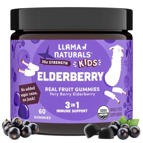 Llama Naturals Elderberry Gummies for Kids, Vegan, Organic Immune Support Supplement with Vitamin C and Zinc, Toddler Real Fruit Gummy Vitamins for Immunity, Chewable, No Added Sugar Cane, 60 Ct