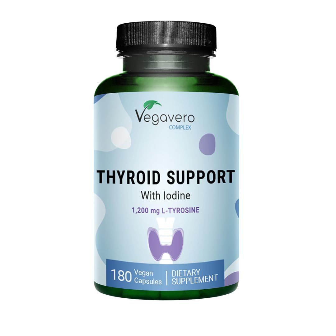 Vegavero Thyroid Support 180 Capsules Highest Dosage Iodine, L-Tyrosine, Zinc, Selenium, Ashwagandha 3-Month Supply No Additive Vegan