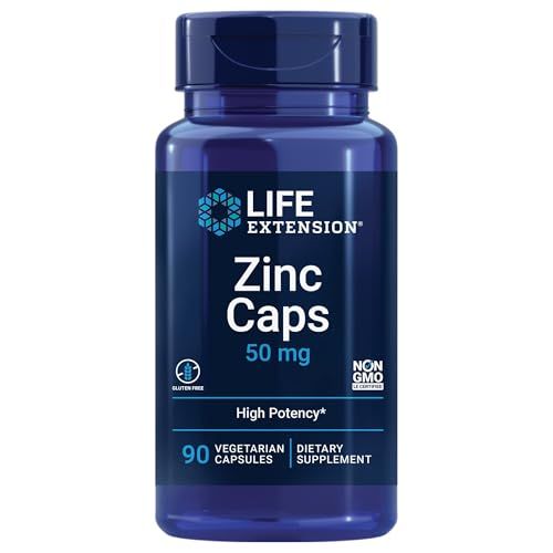 Life Extension Zinc Caps, zinc 50 mg, zinc citrate, Support the body&#39;s immune defenses, ultra-absorbable, vegetarian, non-GMO, gluten-free, 90 vegetarian capsules, 90 Count (Pack of 1)