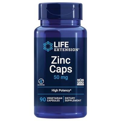 Life Extension Zinc Caps, zinc 50 mg, zinc citrate, Support the body&#39;s immune defenses, ultra-absorbable, vegetarian, non-GMO, gluten-free, 90 vegetarian capsules, 90 Count (Pack of 1)