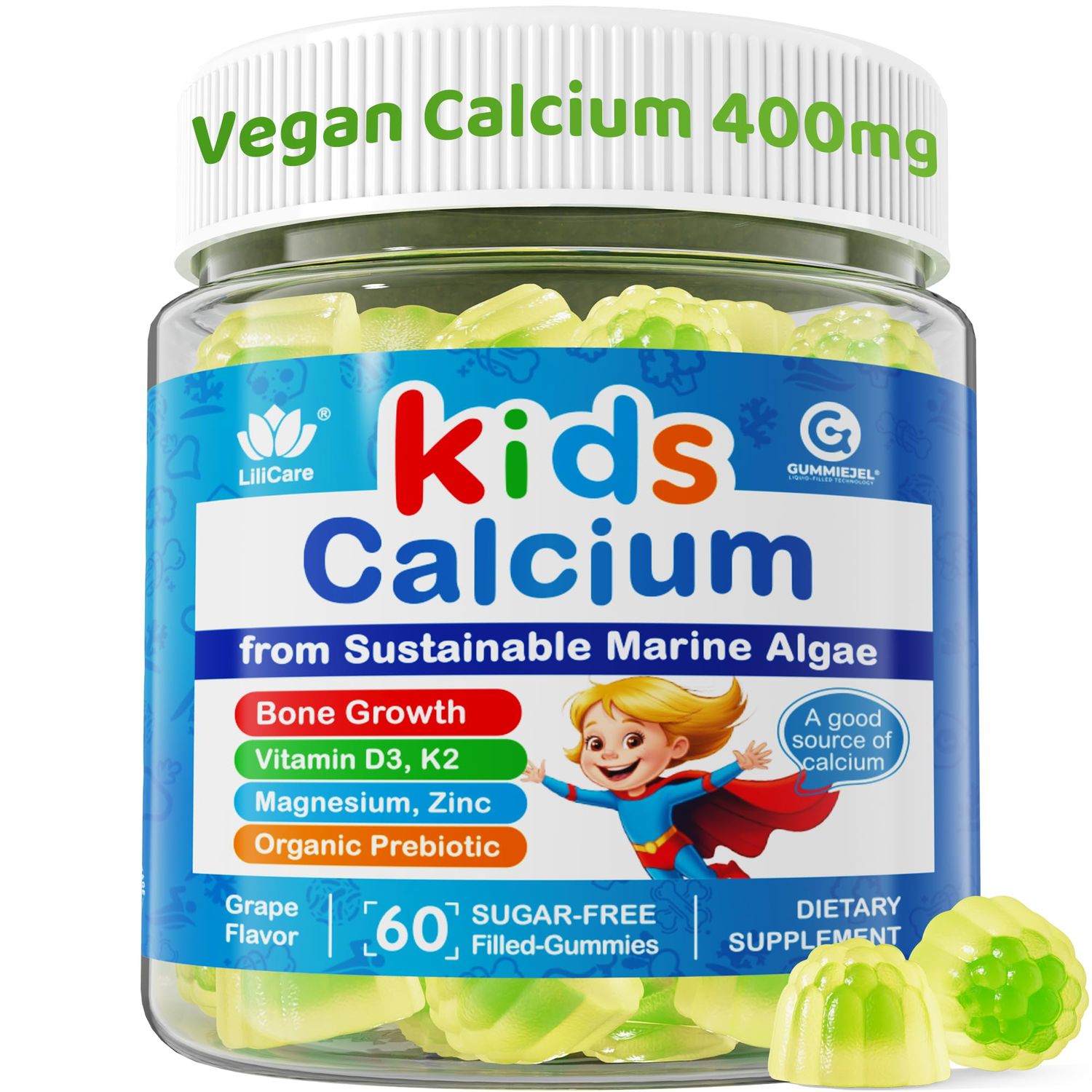 Sugar Free Kids Calcium Gummies with Prebiotics (FOS) 500mg, High Absorption Vegan Algae Calcium for Bone Growth, Kids Vitamin Gummies for Healthy Development with D3 K2, Grape Flavor, Non-GMO, 60 Cts