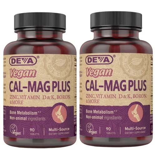 DEVA Vegan Calcium Magnesium Supplement Plus, Zinc, Vitamin C, Vitamin D, Vitamin K, Boron, Sugar Free Gluten Free, 90-Tablets, 2-Pack