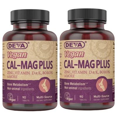 DEVA Vegan Calcium Magnesium Supplement Plus, Zinc, Vitamin C, Vitamin D, Vitamin K, Boron, Sugar Free Gluten Free, 90-Tablets, 2-Pack